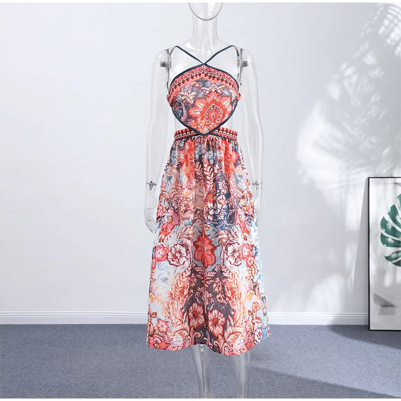 Floral Print Asymmetrical Hem Maxi Dress Women Halter Neck Sleeveless A-line Mesh Dresses 2026 Summer Chic Vacation Party Gown