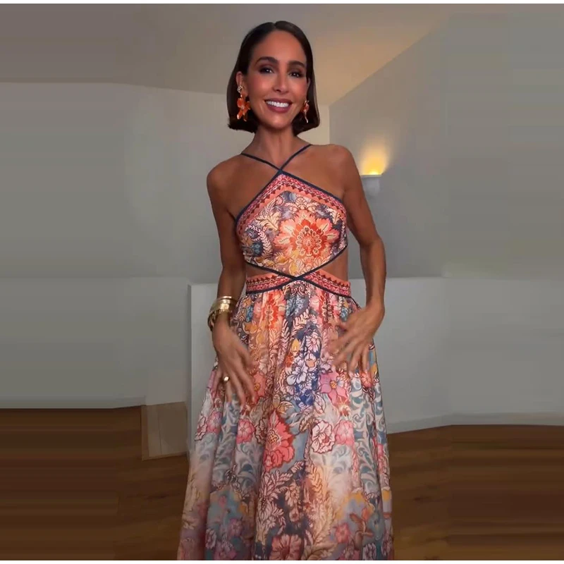 Floral Print Asymmetrical Hem Maxi Dress Women Halter Neck Sleeveless A-line Mesh Dresses 2026 Summer Chic Vacation Party Gown