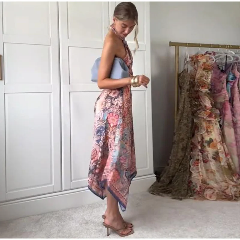Floral Print Asymmetrical Hem Maxi Dress Women Halter Neck Sleeveless A-line Mesh Dresses 2026 Summer Chic Vacation Party Gown