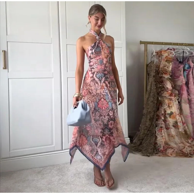 Floral Print Asymmetrical Hem Maxi Dress Women Halter Neck Sleeveless A-line Mesh Dresses 2026 Summer Chic Vacation Party Gown