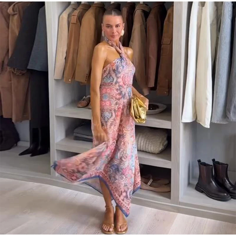 Floral Print Asymmetrical Hem Maxi Dress Women Halter Neck Sleeveless A-line Mesh Dresses 2026 Summer Chic Vacation Party Gown