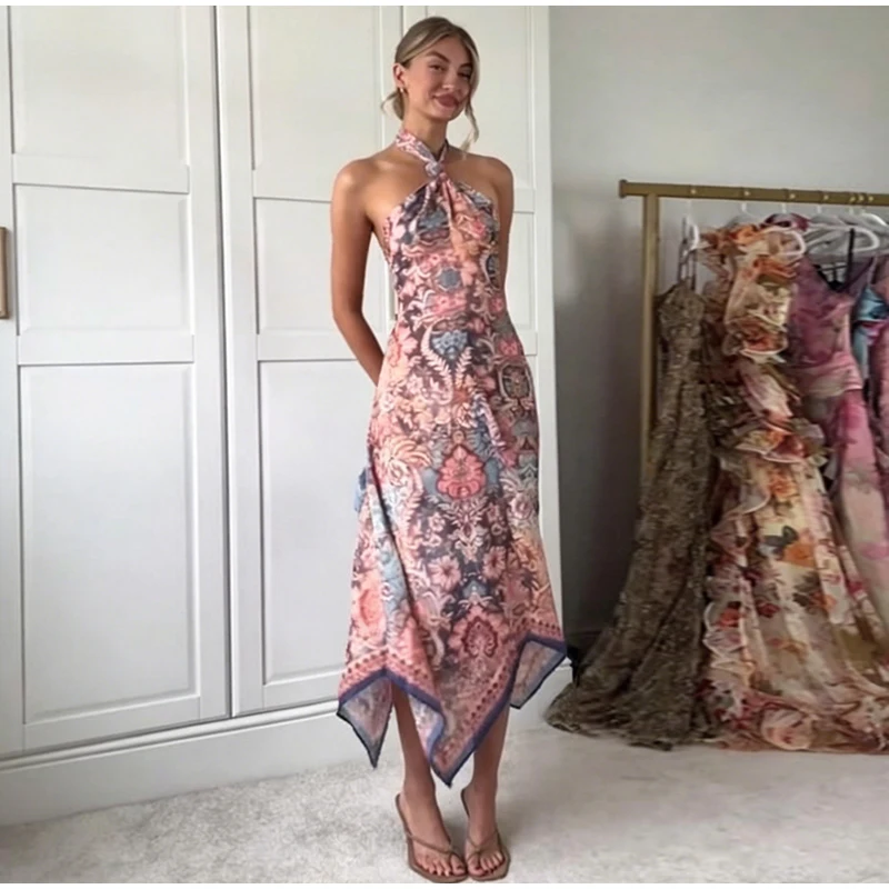 Floral Print Asymmetrical Hem Maxi Dress Women Halter Neck Sleeveless A-line Mesh Dresses 2026 Summer Chic Vacation Party Gown