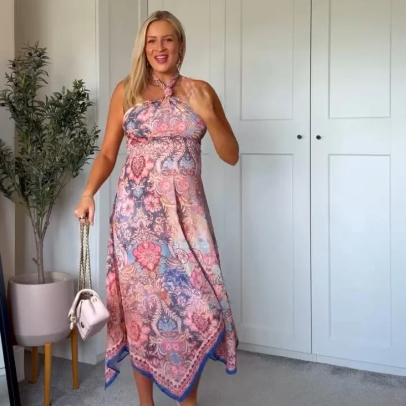 Floral Print Asymmetrical Hem Maxi Dress Women Halter Neck Sleeveless A-line Mesh Dresses 2026 Summer Chic Vacation Party Gown