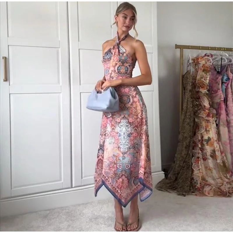 Floral Print Asymmetrical Hem Maxi Dress Women Halter Neck Sleeveless A-line Mesh Dresses 2026 Summer Chic Vacation Party Gown