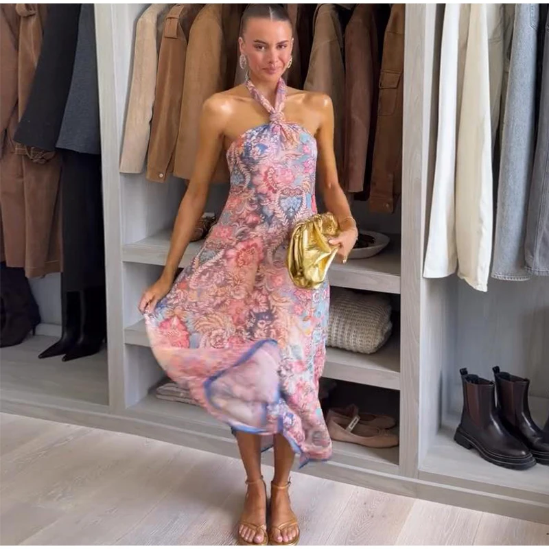 Floral Print Asymmetrical Hem Maxi Dress Women Halter Neck Sleeveless A-line Mesh Dresses 2026 Summer Chic Vacation Party Gown