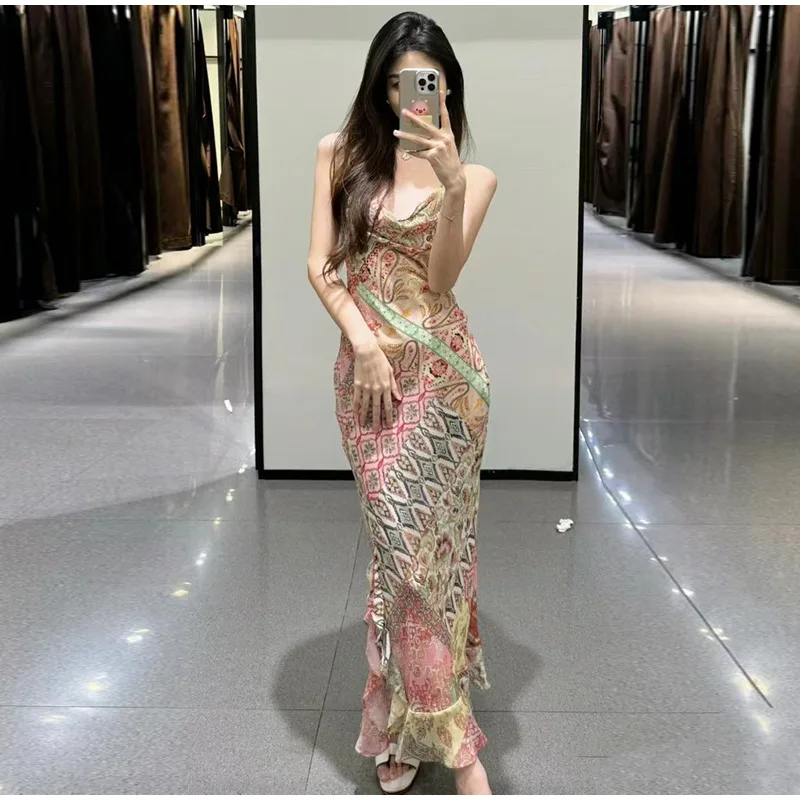 Floral Print Asymmetrical Hem Maxi Dress Women Halter Neck Sleeveless A-line Mesh Dresses 2026 Summer Chic Vacation Party Gown