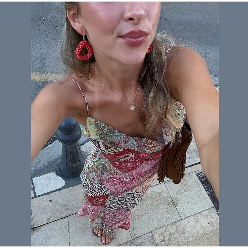 Floral Print Asymmetrical Hem Maxi Dress Women Halter Neck Sleeveless A-line Mesh Dresses 2026 Summer Chic Vacation Party Gown