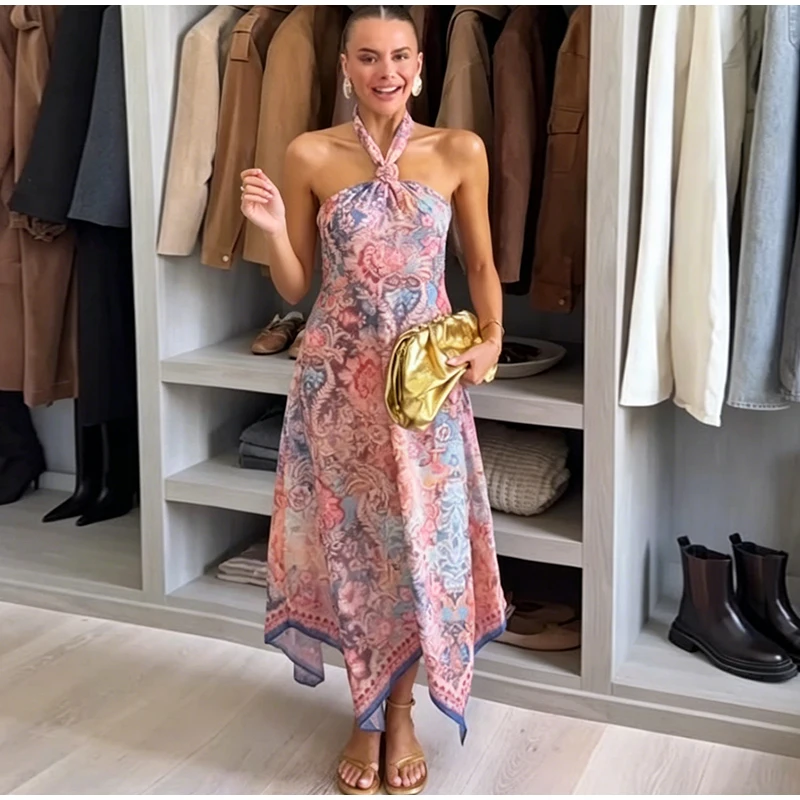 Floral Print Asymmetrical Hem Maxi Dress Women Halter Neck Sleeveless A-line Mesh Dresses 2026 Summer Chic Vacation Party Gown