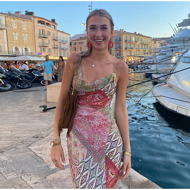Floral Print Asymmetrical Hem Maxi Dress Women Halter Neck Sleeveless A-line Mesh Dresses 2026 Summer Chic Vacation Party Gown