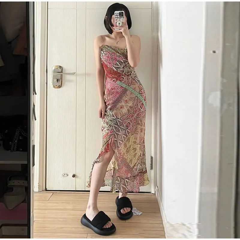 Floral Print Asymmetrical Hem Maxi Dress Women Halter Neck Sleeveless A-line Mesh Dresses 2026 Summer Chic Vacation Party Gown