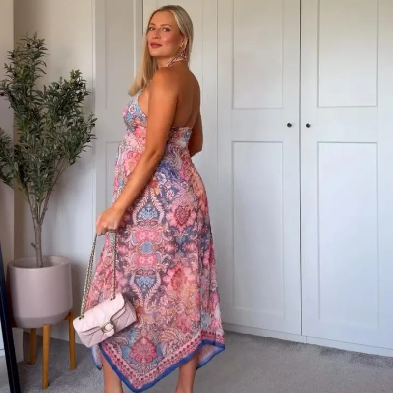 Floral Print Asymmetrical Hem Maxi Dress Women Halter Neck Sleeveless A-line Mesh Dresses 2026 Summer Chic Vacation Party Gown