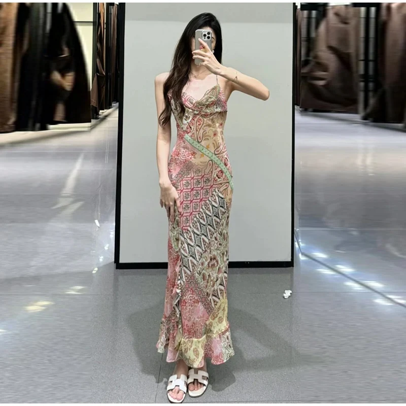 Floral Print Asymmetrical Hem Maxi Dress Women Halter Neck Sleeveless A-line Mesh Dresses 2026 Summer Chic Vacation Party Gown