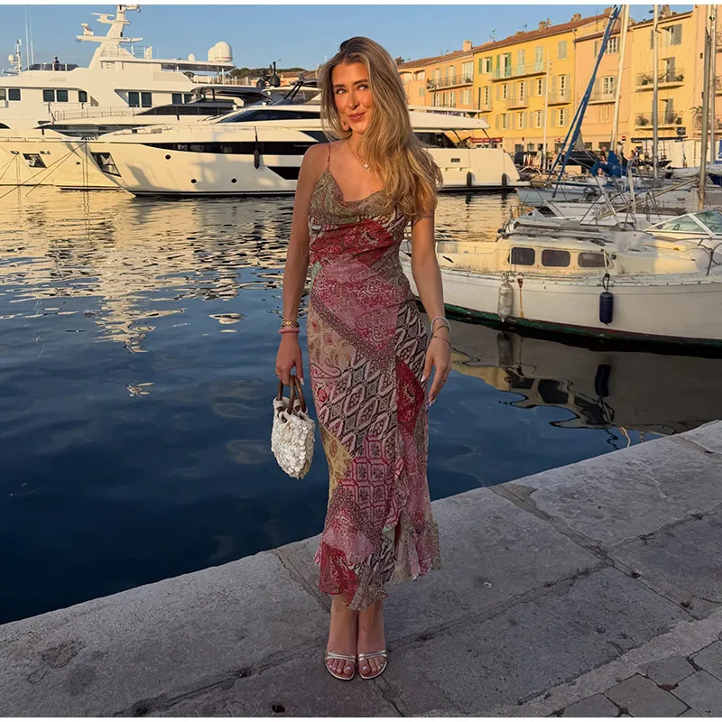 Floral Print Asymmetrical Hem Maxi Dress Women Halter Neck Sleeveless A-line Mesh Dresses 2026 Summer Chic Vacation Party Gown