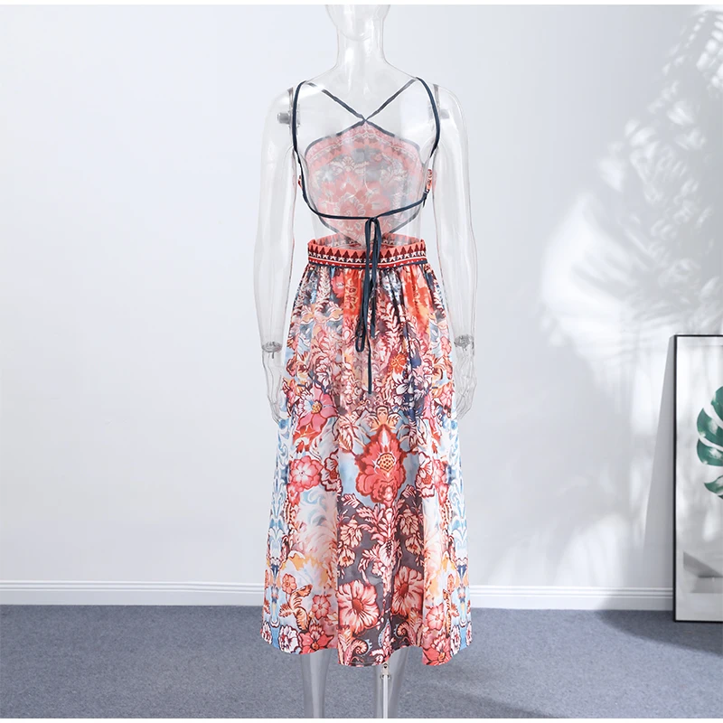 Floral Print Asymmetrical Hem Maxi Dress Women Halter Neck Sleeveless A-line Mesh Dresses 2026 Summer Chic Vacation Party Gown