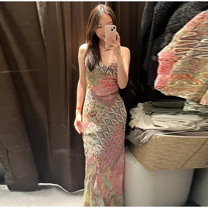 Floral Print Asymmetrical Hem Maxi Dress Women Halter Neck Sleeveless A-line Mesh Dresses 2026 Summer Chic Vacation Party Gown