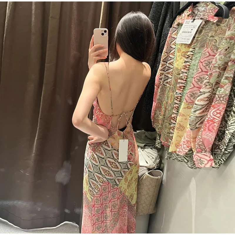 Floral Print Asymmetrical Hem Maxi Dress Women Halter Neck Sleeveless A-line Mesh Dresses 2026 Summer Chic Vacation Party Gown