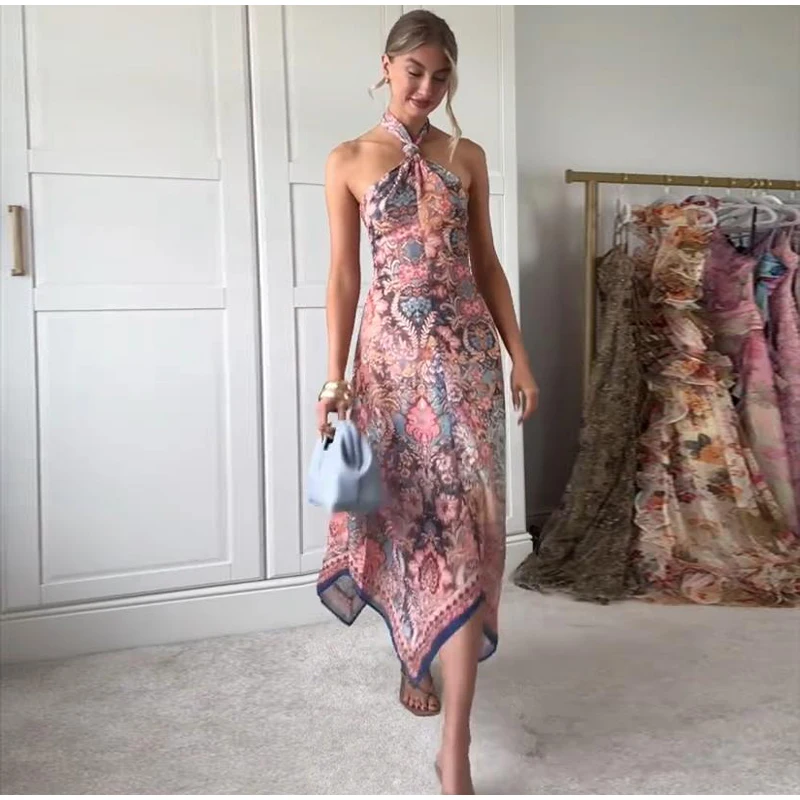 Floral Print Asymmetrical Hem Maxi Dress Women Halter Neck Sleeveless A-line Mesh Dresses 2026 Summer Chic Vacation Party Gown