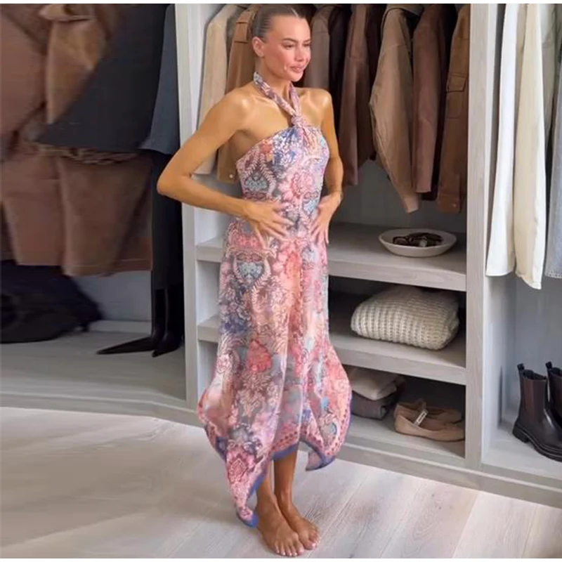 Floral Print Asymmetrical Hem Maxi Dress Women Halter Neck Sleeveless A-line Mesh Dresses 2026 Summer Chic Vacation Party Gown
