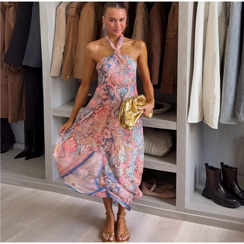 Floral Print Asymmetrical Hem Maxi Dress Women Halter Neck Sleeveless A-line Mesh Dresses 2026 Summer Chic Vacation Party Gown