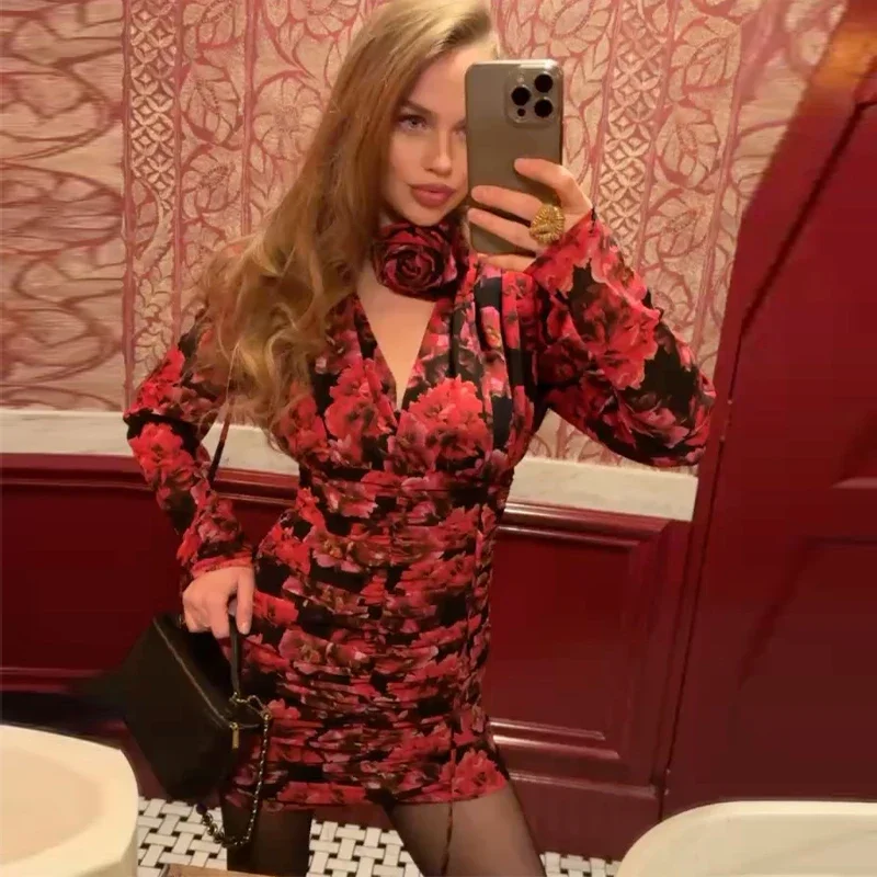 Casual Printed 3D Flower Dress Women Full Sleeve V-Neck Pleated Hip Package Lady Mini Dresses 2026 Summer Female Vacation Robe