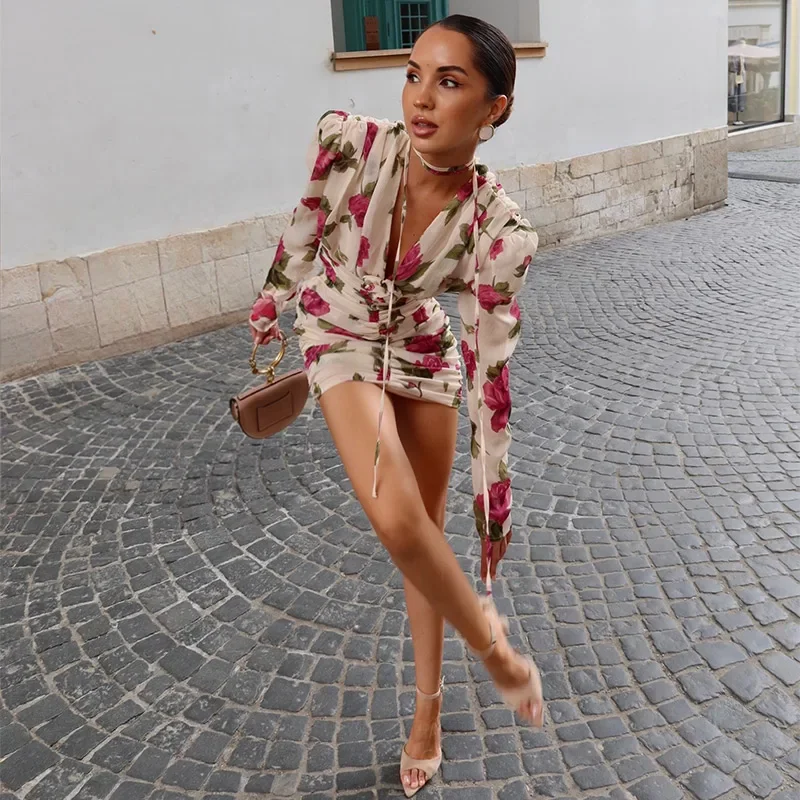 Casual Printed 3D Flower Dress Women Full Sleeve V-Neck Pleated Hip Package Lady Mini Dresses 2026 Summer Female Vacation Robe