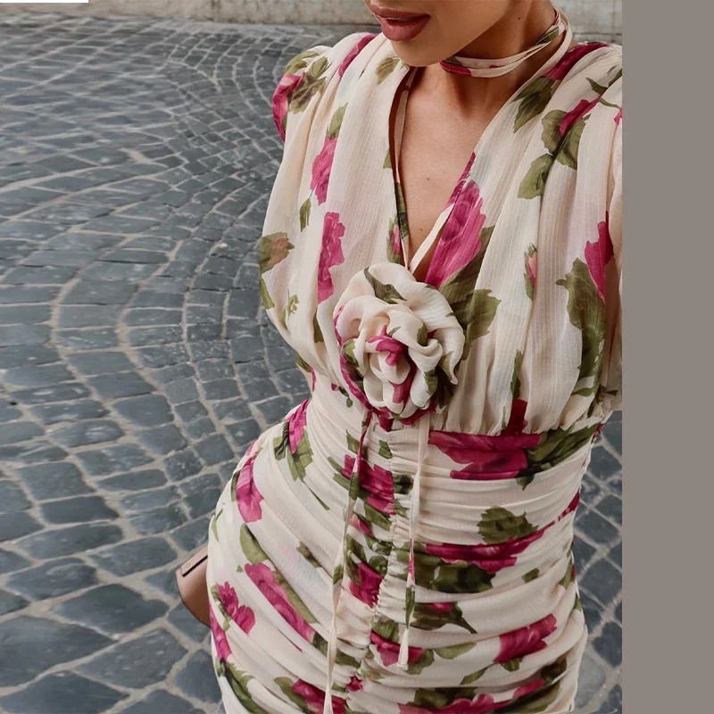 Casual Printed 3D Flower Dress Women Full Sleeve V-Neck Pleated Hip Package Lady Mini Dresses 2026 Summer Female Vacation Robe