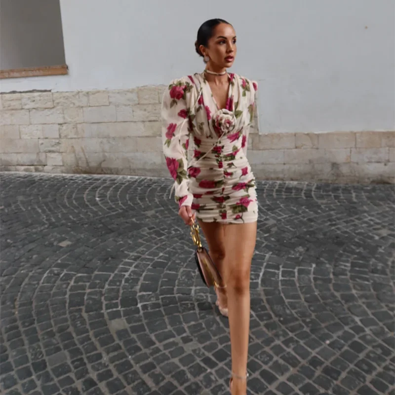 Casual Printed 3D Flower Dress Women Full Sleeve V-Neck Pleated Hip Package Lady Mini Dresses 2026 Summer Female Vacation Robe