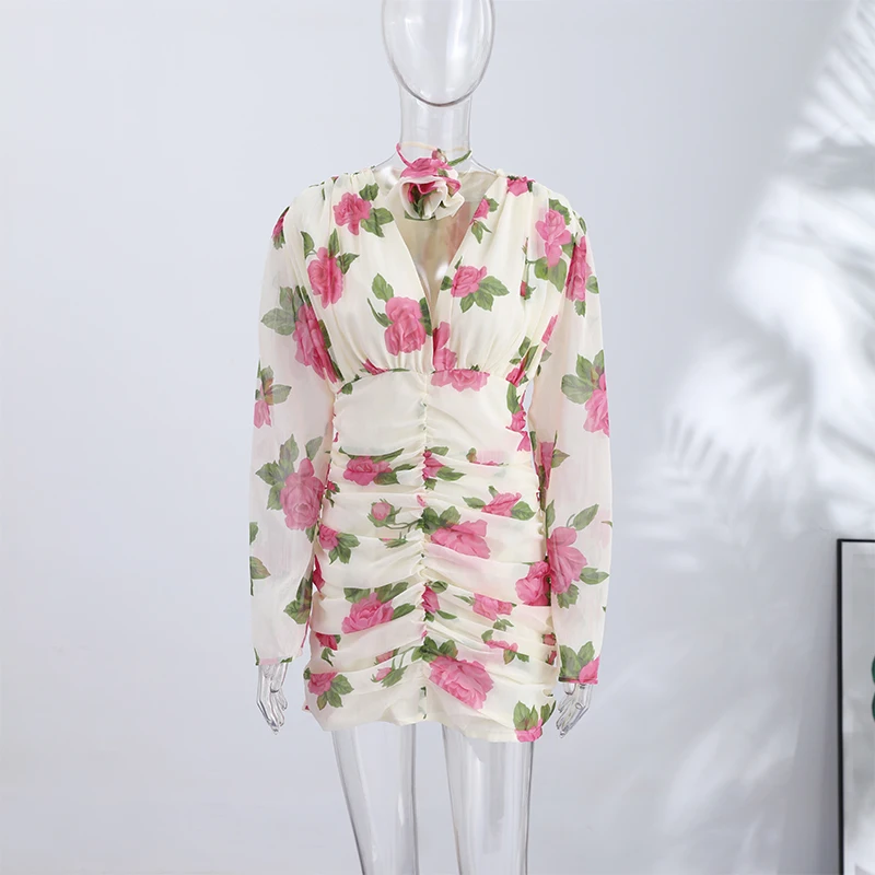 Casual Printed 3D Flower Dress Women Full Sleeve V-Neck Pleated Hip Package Lady Mini Dresses 2026 Summer Female Vacation Robe