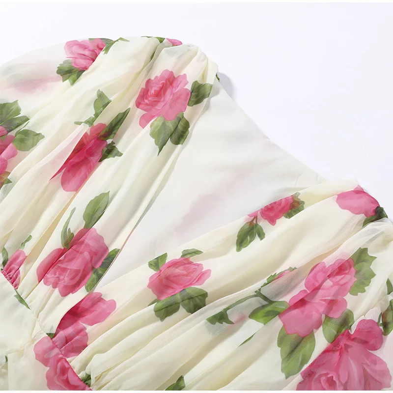 Casual Printed 3D Flower Dress Women Full Sleeve V-Neck Pleated Hip Package Lady Mini Dresses 2026 Summer Female Vacation Robe