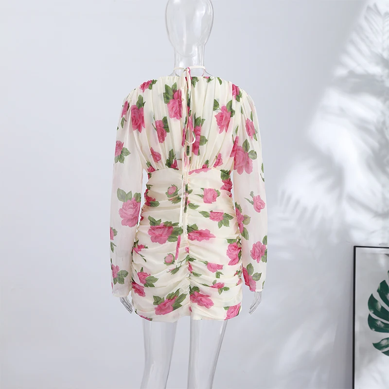 Casual Printed 3D Flower Dress Women Full Sleeve V-Neck Pleated Hip Package Lady Mini Dresses 2026 Summer Female Vacation Robe