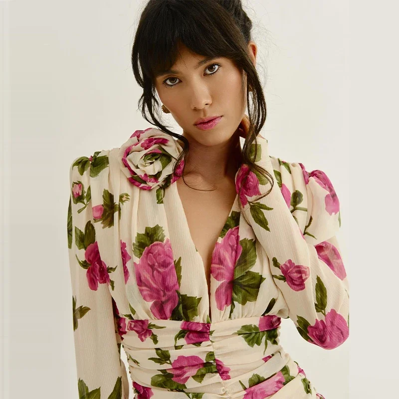 Casual Printed 3D Flower Dress Women Full Sleeve V-Neck Pleated Hip Package Lady Mini Dresses 2026 Summer Female Vacation Robe
