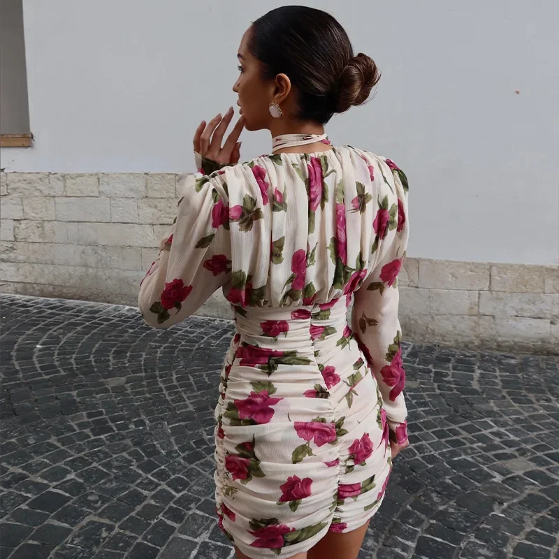 Casual Printed 3D Flower Dress Women Full Sleeve V-Neck Pleated Hip Package Lady Mini Dresses 2026 Summer Female Vacation Robe