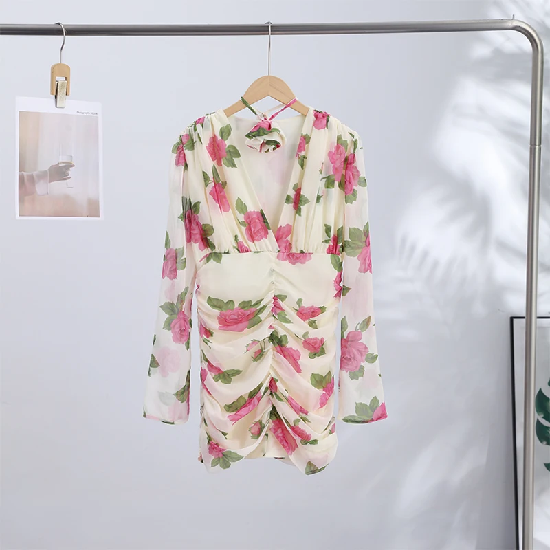 Casual Printed 3D Flower Dress Women Full Sleeve V-Neck Pleated Hip Package Lady Mini Dresses 2026 Summer Female Vacation Robe