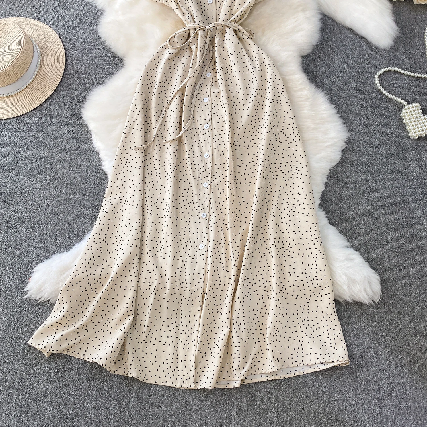 Summer Women Polka Dot Long Dress Vintage V-Neck Flying Sleeve High Waist Single Breasted A-Line Casual Vestidos Female Robe New