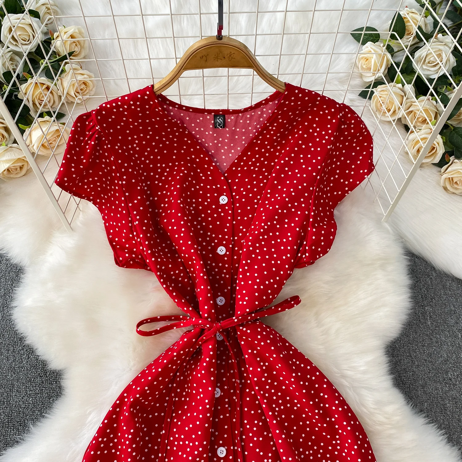 Summer Women Polka Dot Long Dress Vintage V-Neck Flying Sleeve High Waist Single Breasted A-Line Casual Vestidos Female Robe New