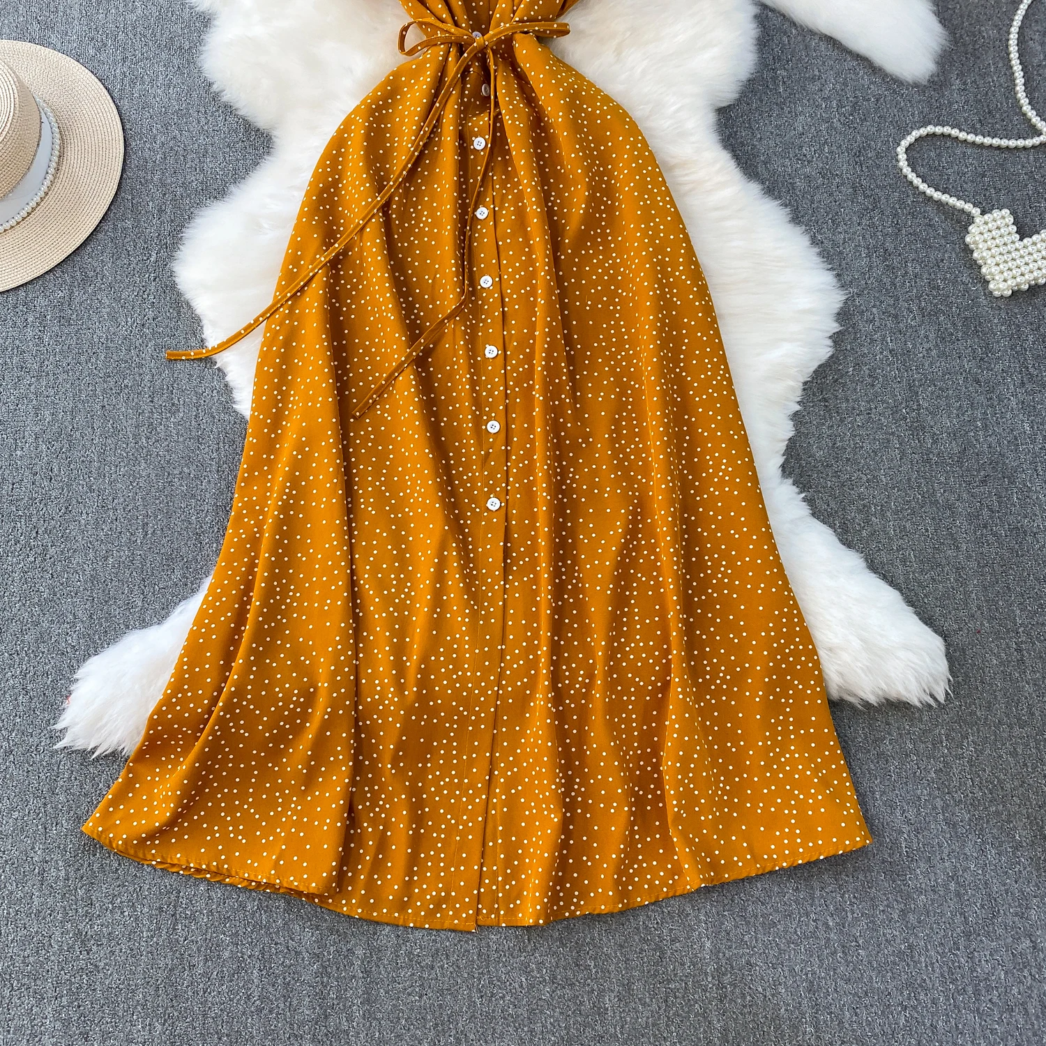 Summer Women Polka Dot Long Dress Vintage V-Neck Flying Sleeve High Waist Single Breasted A-Line Casual Vestidos Female Robe New