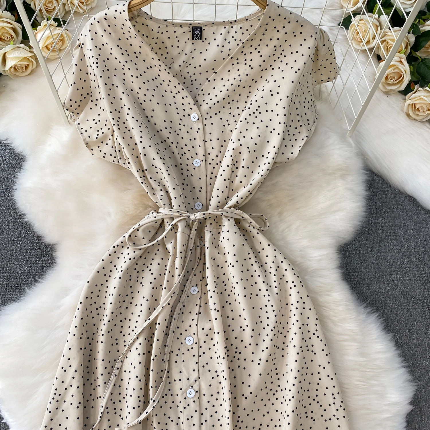 Summer Women Polka Dot Long Dress Vintage V-Neck Flying Sleeve High Waist Single Breasted A-Line Casual Vestidos Female Robe New