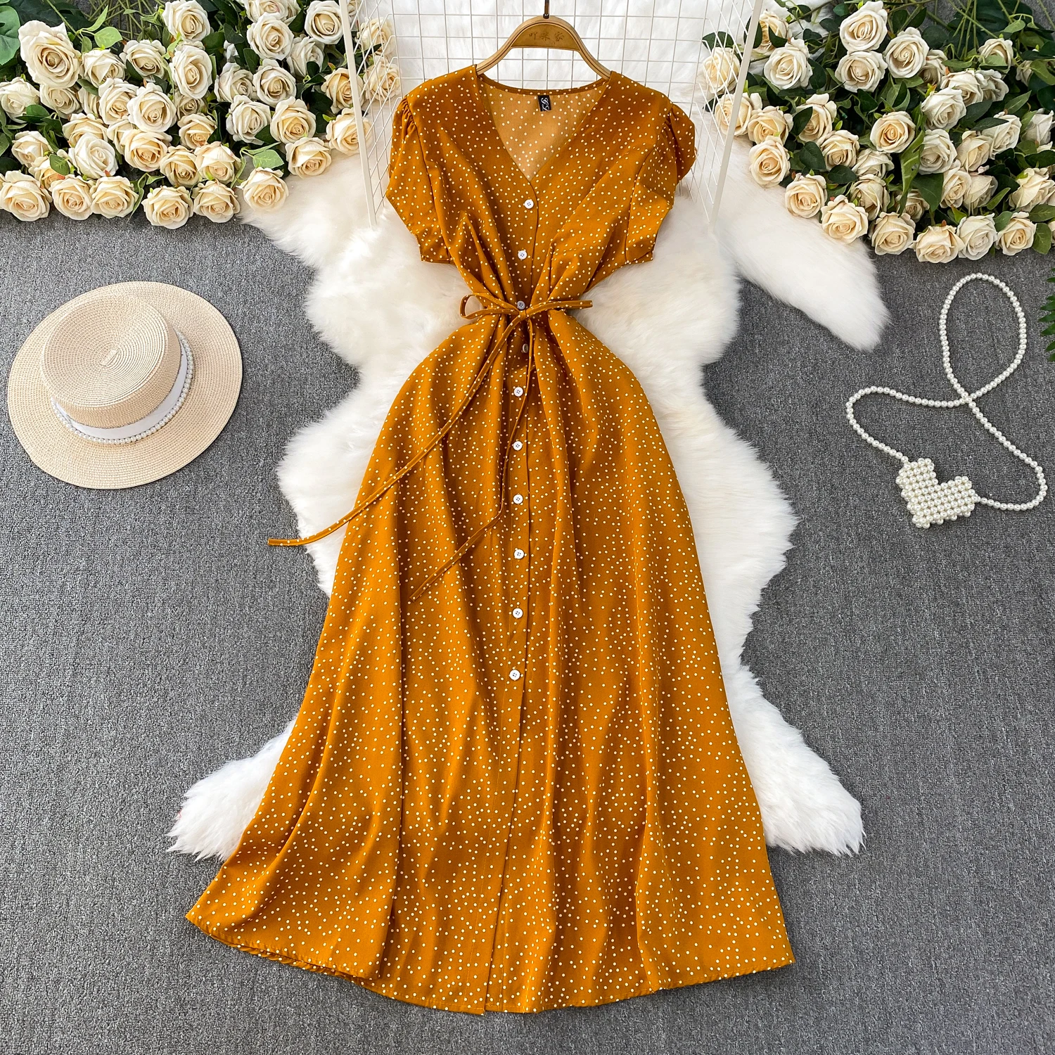 Summer Women Polka Dot Long Dress Vintage V-Neck Flying Sleeve High Waist Single Breasted A-Line Casual Vestidos Female Robe New