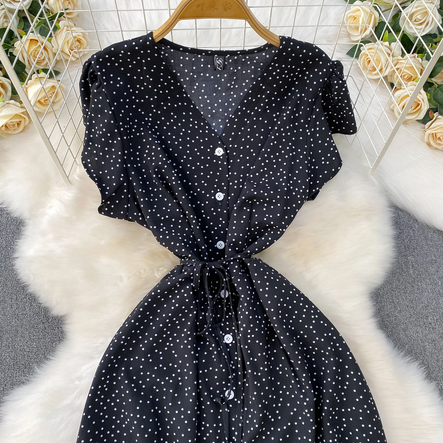 Summer Women Polka Dot Long Dress Vintage V-Neck Flying Sleeve High Waist Single Breasted A-Line Casual Vestidos Female Robe New