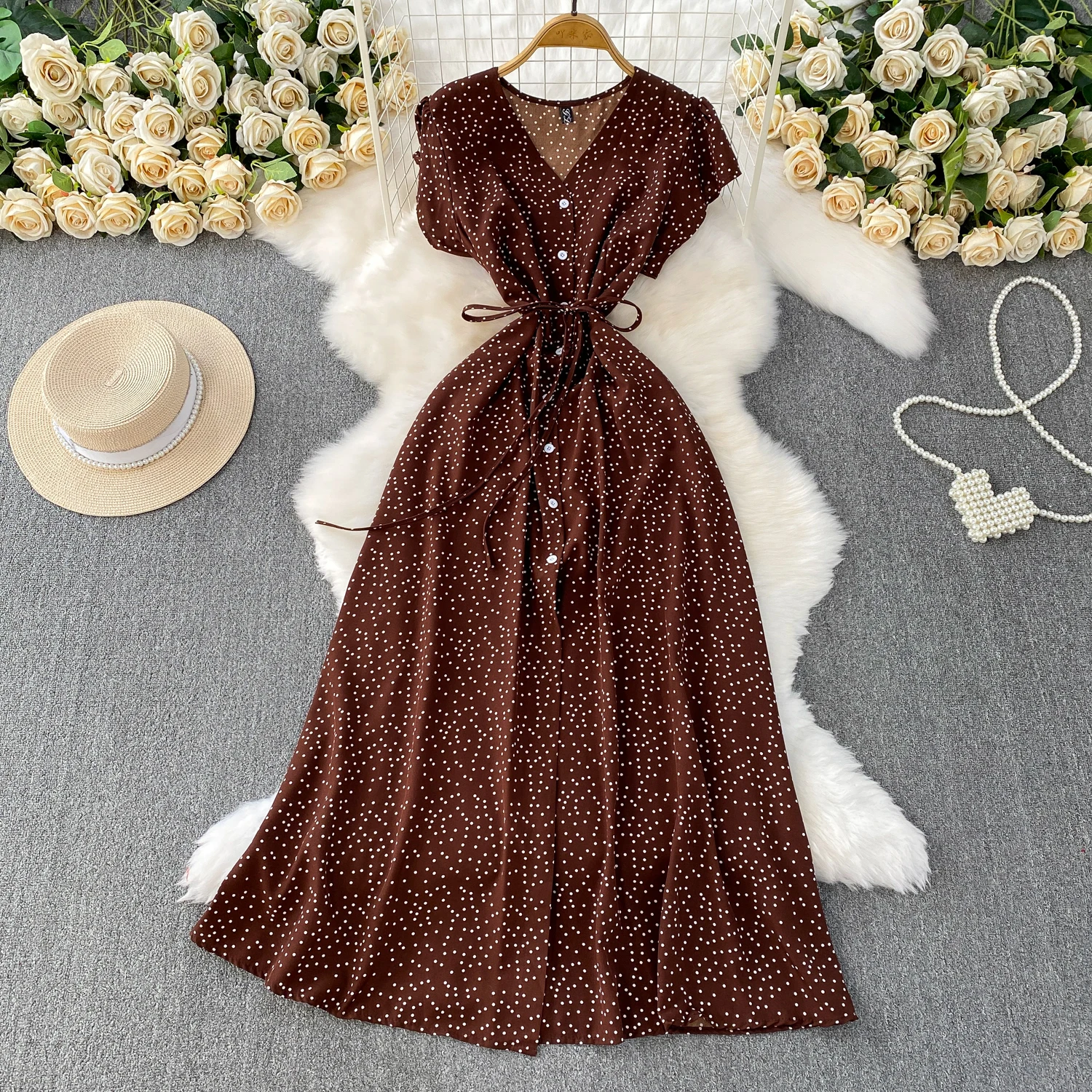 Summer Women Polka Dot Long Dress Vintage V-Neck Flying Sleeve High Waist Single Breasted A-Line Casual Vestidos Female Robe New