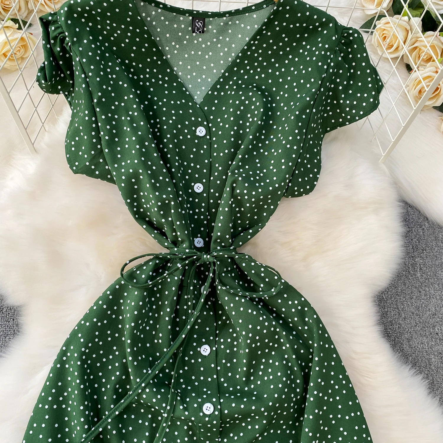 Summer Women Polka Dot Long Dress Vintage V-Neck Flying Sleeve High Waist Single Breasted A-Line Casual Vestidos Female Robe New