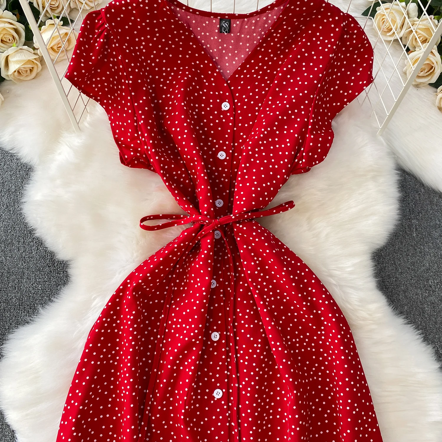 Summer Women Polka Dot Long Dress Vintage V-Neck Flying Sleeve High Waist Single Breasted A-Line Casual Vestidos Female Robe New