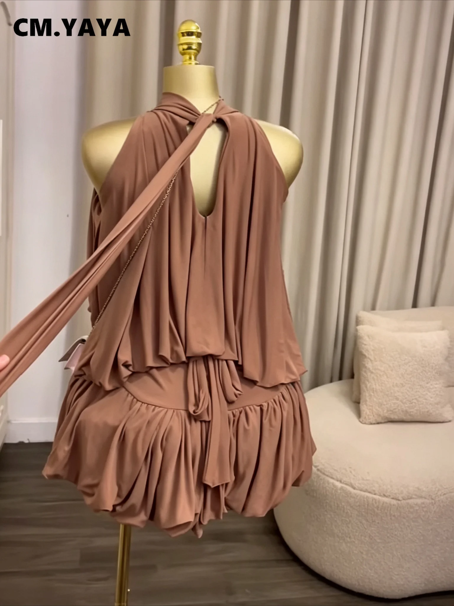 CM.YAYA Women Dress Sleeveless Halter Ruched Ball Gown Mini Dress with Shorts 2026 Beach Party Elegant Holiday Birthday Outfits