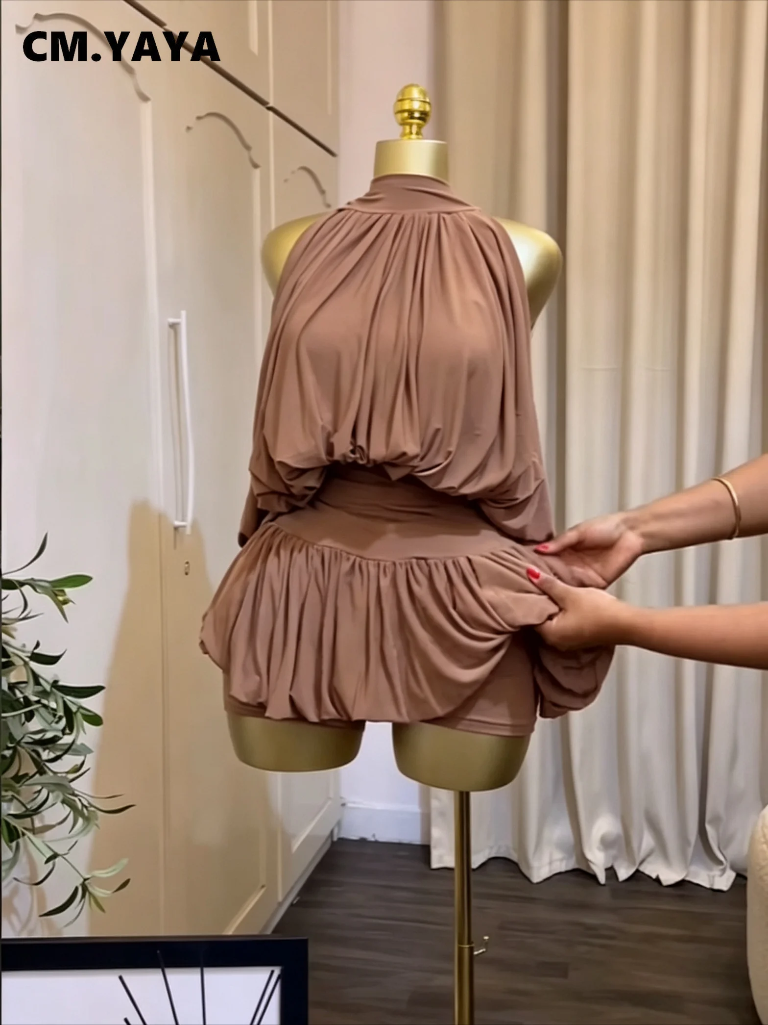 CM.YAYA Women Dress Sleeveless Halter Ruched Ball Gown Mini Dress with Shorts 2026 Beach Party Elegant Holiday Birthday Outfits