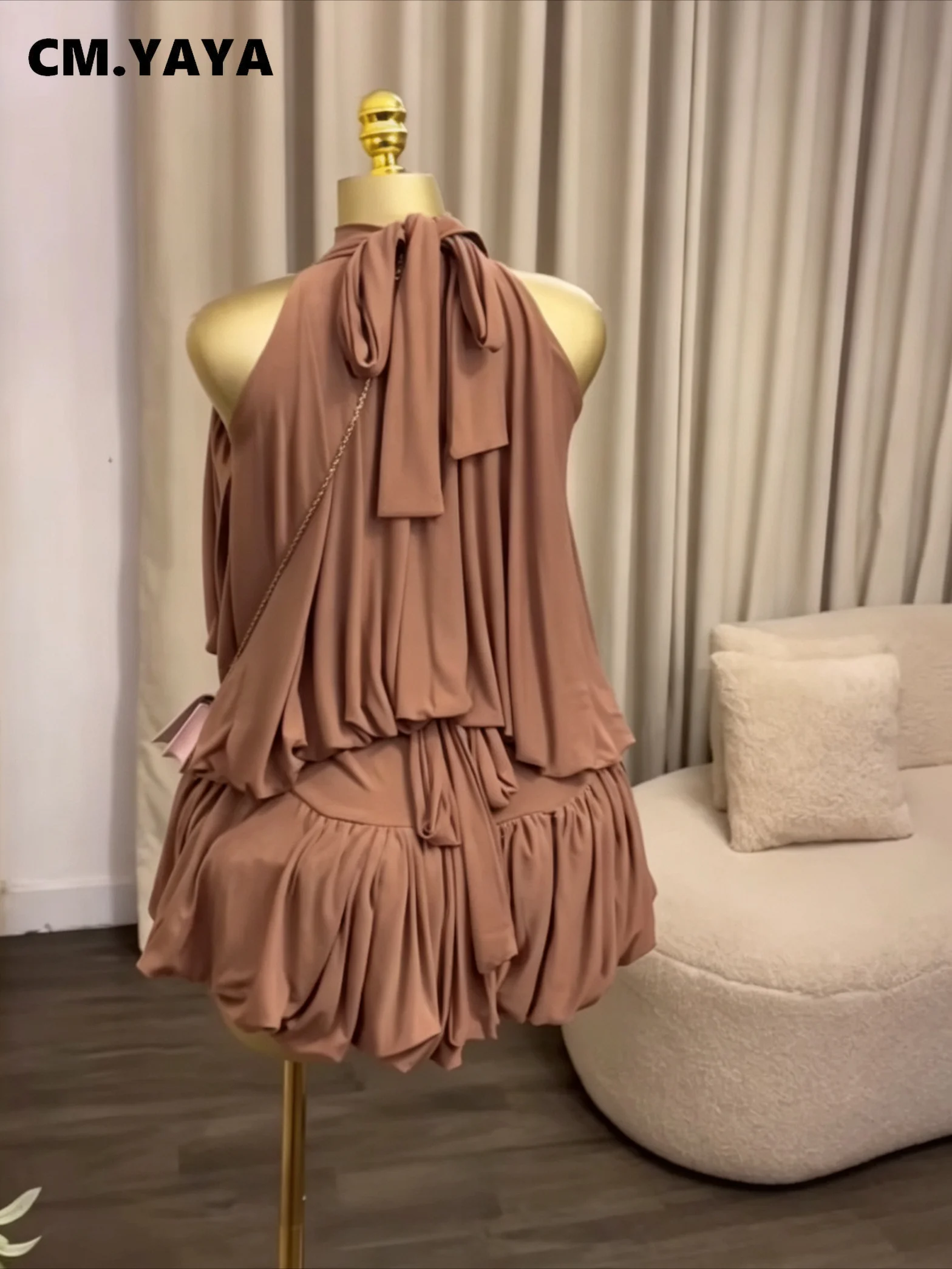 CM.YAYA Women Dress Sleeveless Halter Ruched Ball Gown Mini Dress with Shorts 2026 Beach Party Elegant Holiday Birthday Outfits
