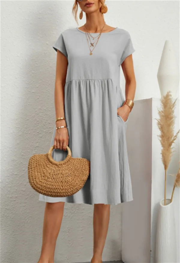 Customizable Fashion Solid Dress Women Cotton Linen O-Neck A-line Dress