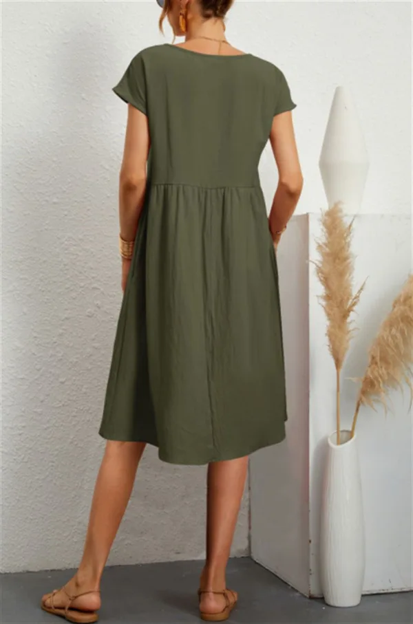 Customizable Fashion Solid Dress Women Cotton Linen O-Neck A-line Dress