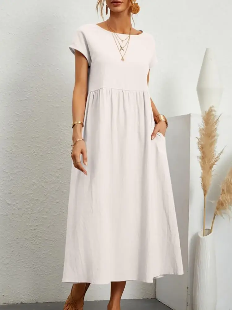 Customizable Fashion Solid Dress Women Cotton Linen O-Neck A-line Dress