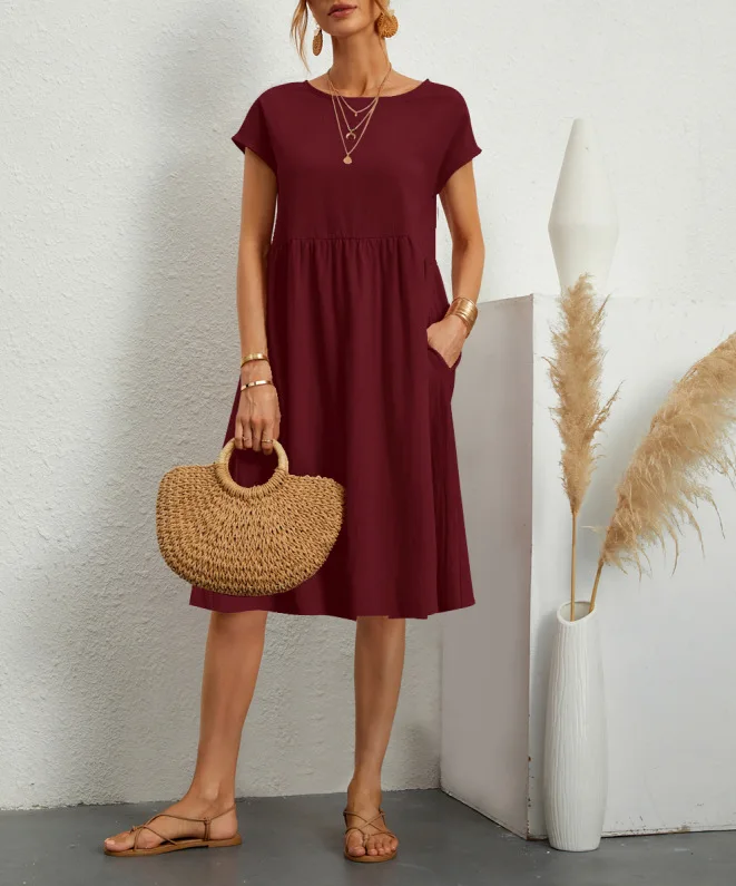 Customizable Fashion Solid Dress Women Cotton Linen O-Neck A-line Dress