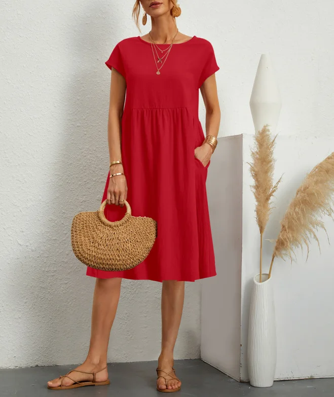 Customizable Fashion Solid Dress Women Cotton Linen O-Neck A-line Dress